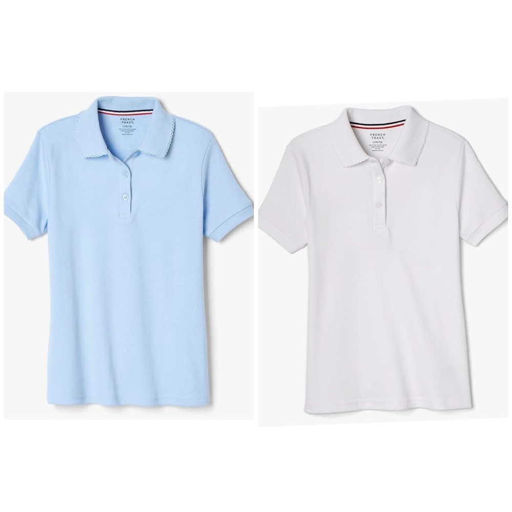 French Toast Girls Uniform Picot Collar Polo Shirts X-Large LOT‎ OF 2 White Blue